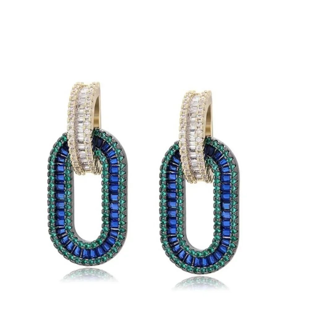 Dark blue, green, and gold chain link cubic zirconia dangle earrings